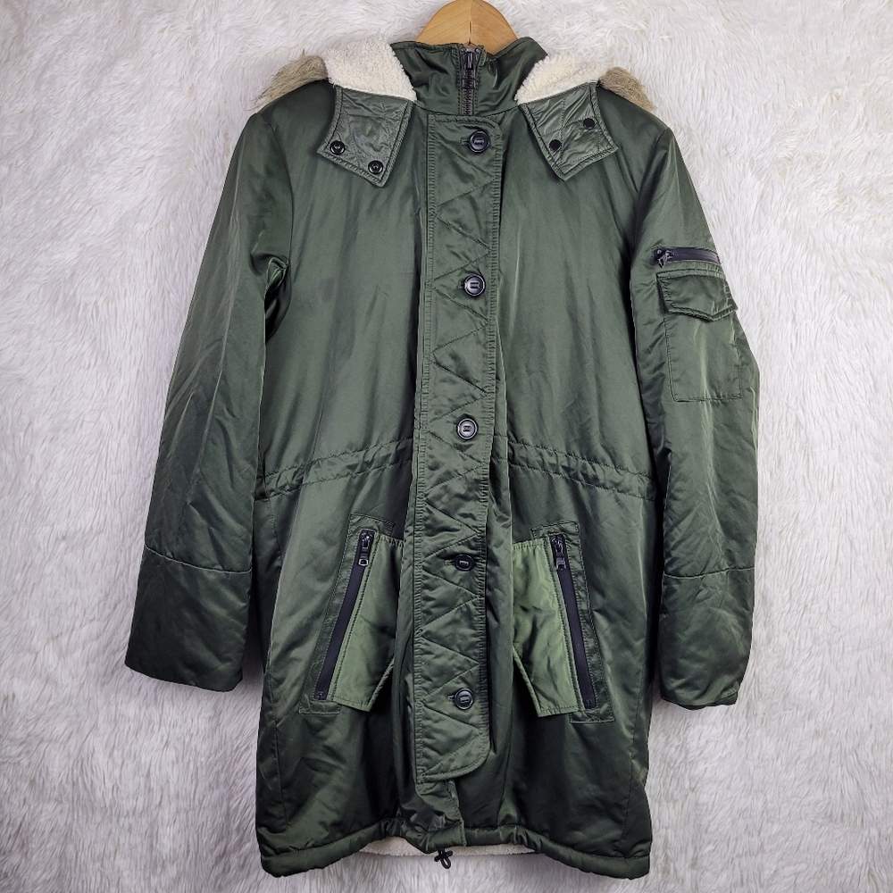 Banana Republic Womens M Olive Green Sherpa Lined Faux Fur Hooded Parka Outdoor